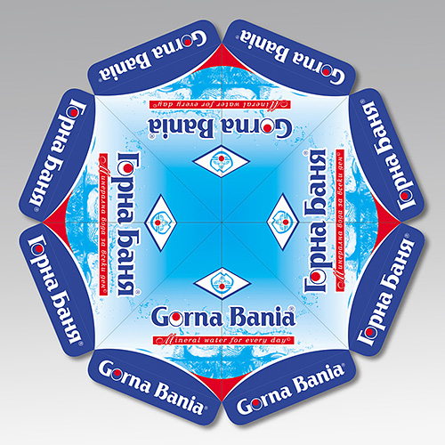 Design solutions and prepress of advertising umbrellas, Gorna Bania mineral water.