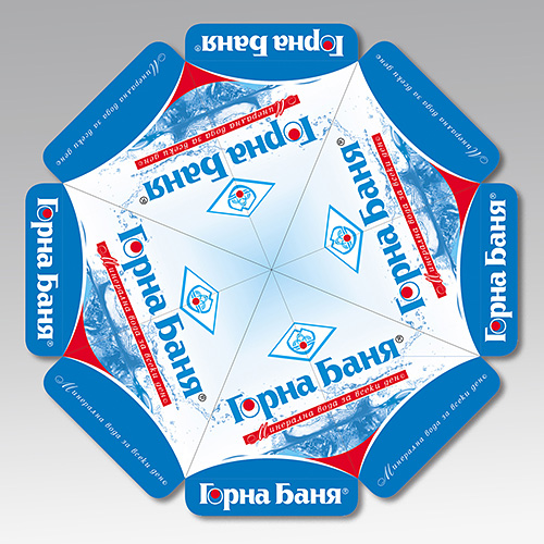 Design solutions and prepress of advertising umbrellas, Gorna Bania mineral water.