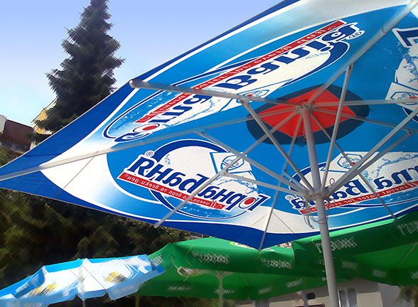 Design solutions and prepress of advertising umbrellas, Gorna Bania mineral water.