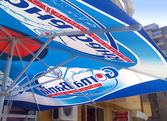 Design solutions and prepress of advertising umbrellas, Gorna Bania mineral water.